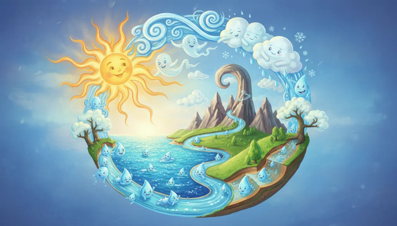 Uma paisagem mágica em forma de círculo mostrando a viagem da água: o sol faz o vapor subir do mar, virar nuvem, chover na montanha, escorrer pelos rios e entrar na terra, tudo em um ciclo divertido e sem fim!
