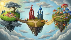 Um céu mágico com ilhas flutuantes conectadas por pontes especiais: uma ponte liga uma ilha de sol a uma de chuva (oposição), um caminho se divide em dois para escolher a direção (alternativa), e duas ilhas de flores são unidas por uma corrente dourada (adição)!