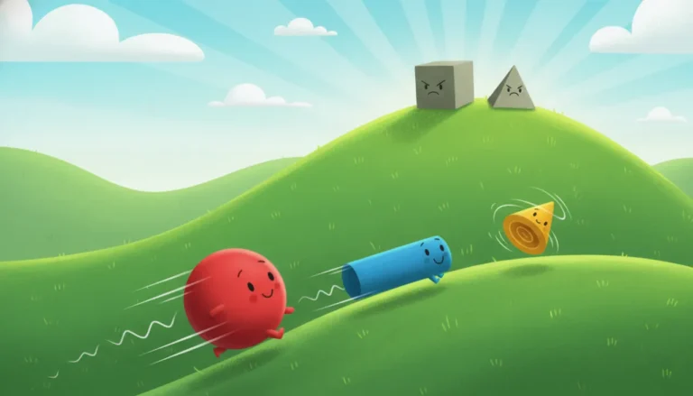 Uma paisagem mágica e divertida onde formas geométricas gigantes brincam em colinas. Esferas, cilindros e cones descem rolando alegremente e rindo, enquanto um cubo e uma pirâmide quadrados estão parados e presos no topo da colina, mostrando que só os corpos redondos conseguem rolar!