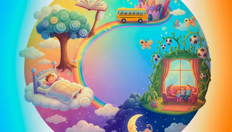 Uma paisagem mágica em forma de círculo que mostra o dia passando: começa com o acordar nas nuvens, segue para uma escola feita de livros, passa por um parque de diversão à tarde e termina no descanso da noite sob a lua!