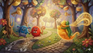 Uma floresta mágica onde criaturas mostram como os sons funcionam: de um lado, dois amigos andam juntos; do outro, dois amigos se abraçam tão forte que viram um só!