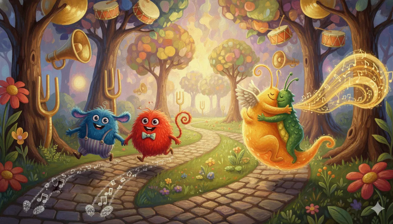 Uma floresta mágica onde criaturas mostram como os sons funcionam: de um lado, dois amigos andam juntos; do outro, dois amigos se abraçam tão forte que viram um só!