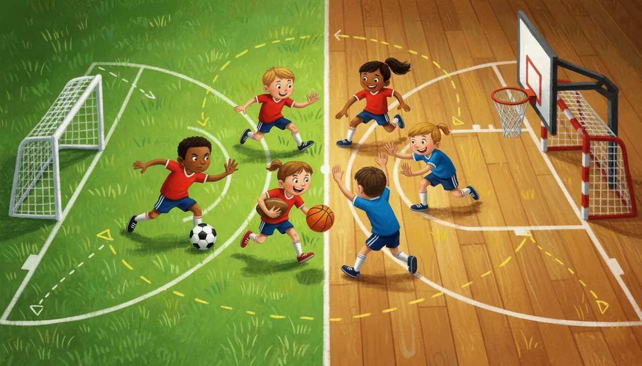 Uma ilustração cheia de ação mostrando um campo misturado: metade grama, metade quadra. O time vermelho tenta invadir o lado do time azul carregando bolas de futebol, basquete e rugby. O time azul faz uma barreira para defender seus gols e cestas. O desenho mostra a energia do ataque contra a defesa!