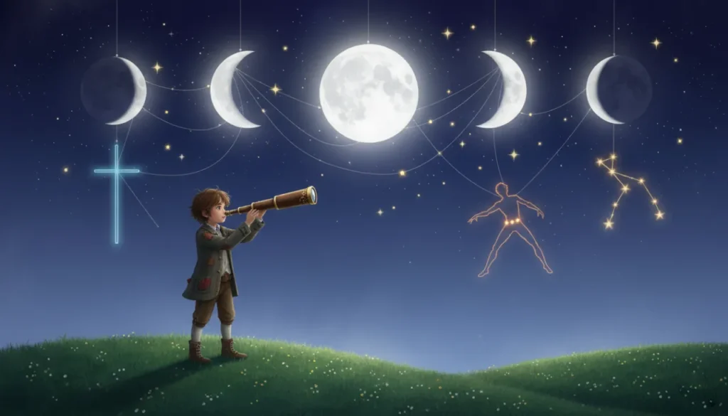 Um céu noturno mágico onde as quatro fases da lua brilham como lanternas penduradas, e linhas de luz conectam as estrelas desenhando figuras e constelações no espaço!