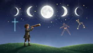 Um céu noturno mágico onde as quatro fases da lua brilham como lanternas penduradas, e linhas de luz conectam as estrelas desenhando figuras e constelações no espaço!