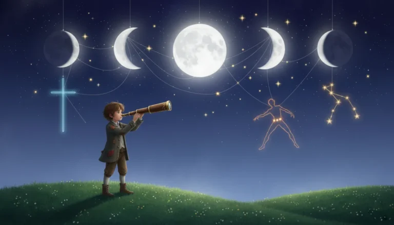 Um céu noturno mágico onde as quatro fases da lua brilham como lanternas penduradas, e linhas de luz conectam as estrelas desenhando figuras e constelações no espaço!