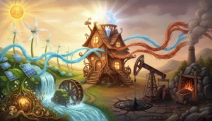 Uma paisagem mágica dividida: de um lado, o sol, o vento e a água geram energia limpa e brilhante como magia azul; do outro, o petróleo e o carvão geram energia mais pesada como magia laranja com um pouco de fumaça. Ambos os lados enviam luz para acender uma casa no centro!