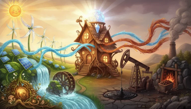 Uma paisagem mágica dividida: de um lado, o sol, o vento e a água geram energia limpa e brilhante como magia azul; do outro, o petróleo e o carvão geram energia mais pesada como magia laranja com um pouco de fumaça. Ambos os lados enviam luz para acender uma casa no centro!