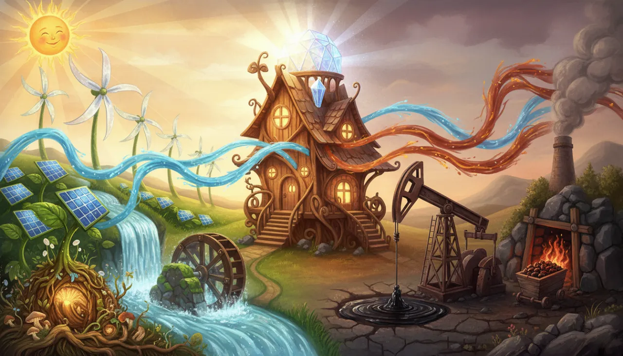 Uma paisagem mágica dividida: de um lado, o sol, o vento e a água geram energia limpa e brilhante como magia azul; do outro, o petróleo e o carvão geram energia mais pesada como magia laranja com um pouco de fumaça. Ambos os lados enviam luz para acender uma casa no centro!