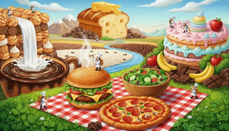 Um mundo mágico feito de comida! Tem montanhas de pão com queijo, rios de leite e café, colinas de bolo e chocolate, e um grande piquenique com pizza, hambúrguer e salada no centro. Delicioso e sem palavras!