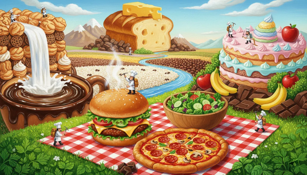 Um mundo mágico feito de comida! Tem montanhas de pão com queijo, rios de leite e café, colinas de bolo e chocolate, e um grande piquenique com pizza, hambúrguer e salada no centro. Delicioso e sem palavras!
