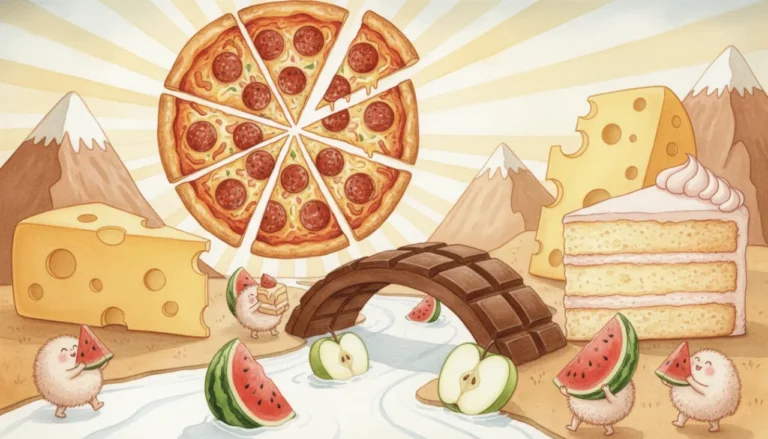 Um mundo fantástico feito de comidas gigantes, com uma pizza fatiada no céu e barcos de frutas cortadas, ensinando sobre frações e pedaços de um jeito delicioso!