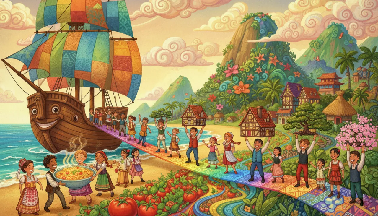 Um navio mágico chegando a uma praia brasileira, trazendo pessoas do mundo todo com suas comidas, casas e culturas gigantes para formar uma grande festa!
