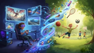 Uma ilustração vibrante que mostra dois mundos se conectando. À esquerda, um quarto escuro iluminado por telas de videogame e um jogador com óculos de realidade virtual. À direita, um parque ensolarado com crianças jogando futebol e basquete de verdade. No centro, a luz digital se transforma em equipamentos esportivos, mostrando o equilíbrio entre jogar videogame e fazer exercícios!