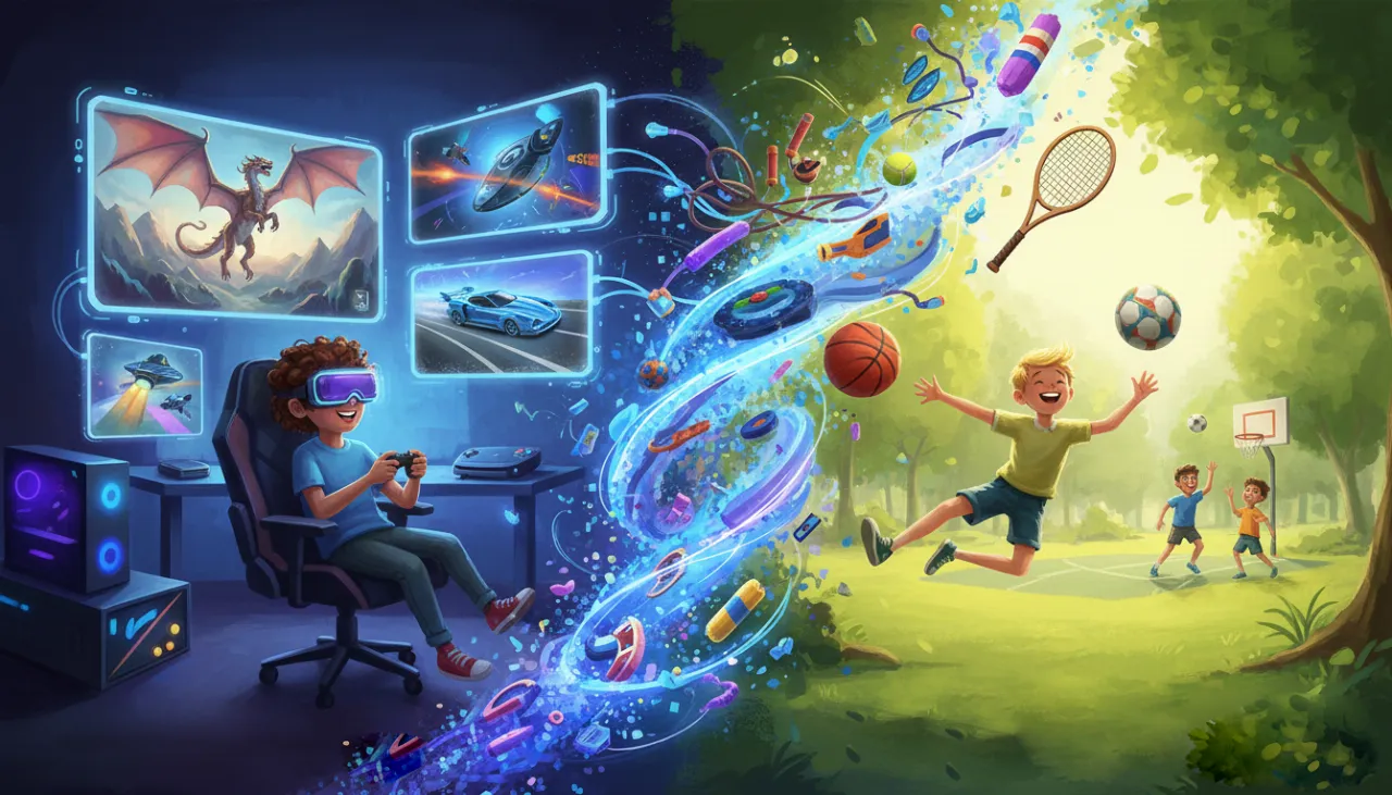 Uma ilustração vibrante que mostra dois mundos se conectando. À esquerda, um quarto escuro iluminado por telas de videogame e um jogador com óculos de realidade virtual. À direita, um parque ensolarado com crianças jogando futebol e basquete de verdade. No centro, a luz digital se transforma em equipamentos esportivos, mostrando o equilíbrio entre jogar videogame e fazer exercícios!