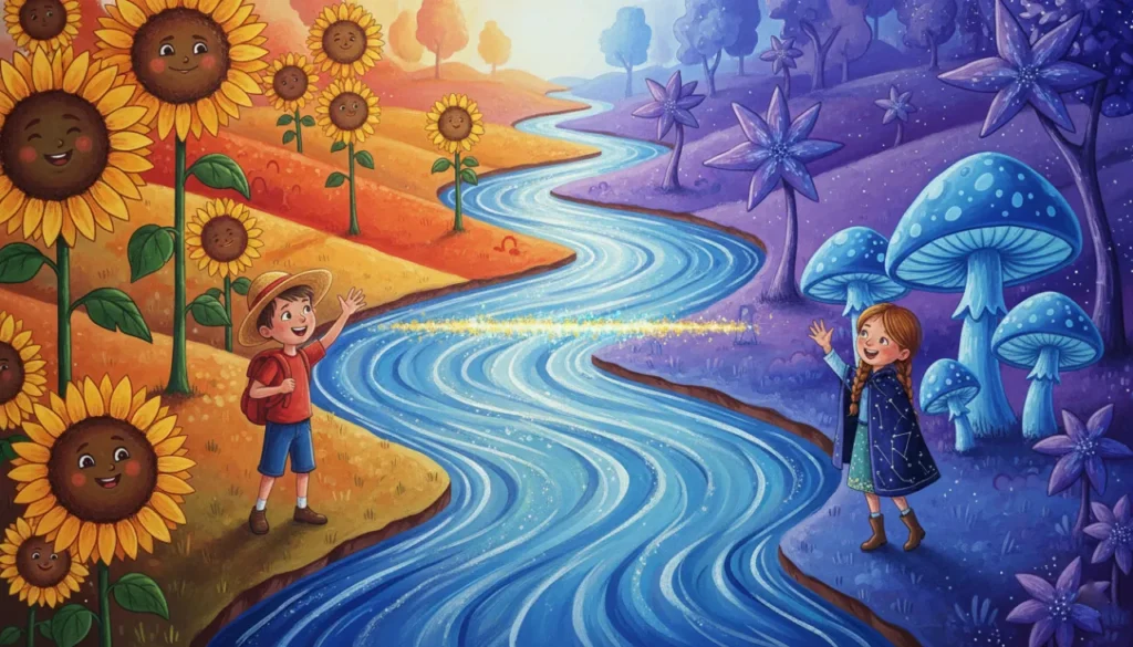 Uma paisagem mágica dividida ao meio por um rio brilhante, mostrando onde um território de sol termina e um território de estrelas começa!