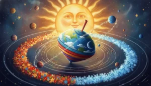 Uma ilustração mágica do espaço onde a Terra gira como um pião colorido mostrando dia e noite, enquanto viaja por um trilho encantado que muda de flores para neve ao redor do Sol!