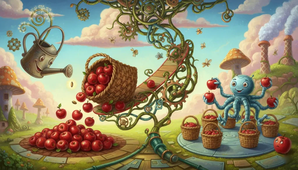 Uma fábrica mágica onde uma máquina faz uma semente virar um monte de maçãs (multiplicação), e depois um robô polvo divide essas maçãs igualmente em cestinhas (divisão)!