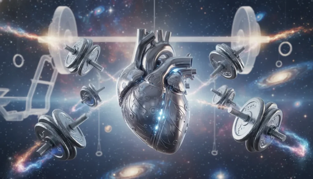 Ilustração surreal de um coração forte feito de aço brilhante, flutuando em uma academia cósmica, representando a vitalidade conquistada pelos exercícios físicos.