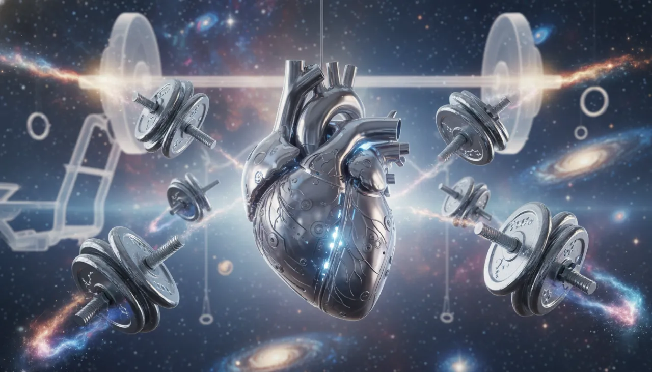 Ilustração surreal de um coração forte feito de aço brilhante, flutuando em uma academia cósmica, representando a vitalidade conquistada pelos exercícios físicos.