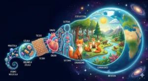 Uma ilustração didática e vibrante sobre um fundo estrelado que demonstra a hierarquia da vida, fluindo da esquerda para a direita. A imagem começa com partículas microscópicas brilhantes representando Átomos e Moléculas, que se unem para formar uma Célula e Organelas. Em seguida, mostra-se uma trama de Tecido, que compõe um Coração (Órgão) e uma silhueta humana com veias visíveis (Sistema). A escala cresce para mostrar uma raposa (Organismo), depois um grupo de raposas (População), seguido por uma floresta com diversos animais e plantas (Comunidade e Ecossistema), culminando no Planeta Terra inteiro brilhando no espaço (Biosfera).