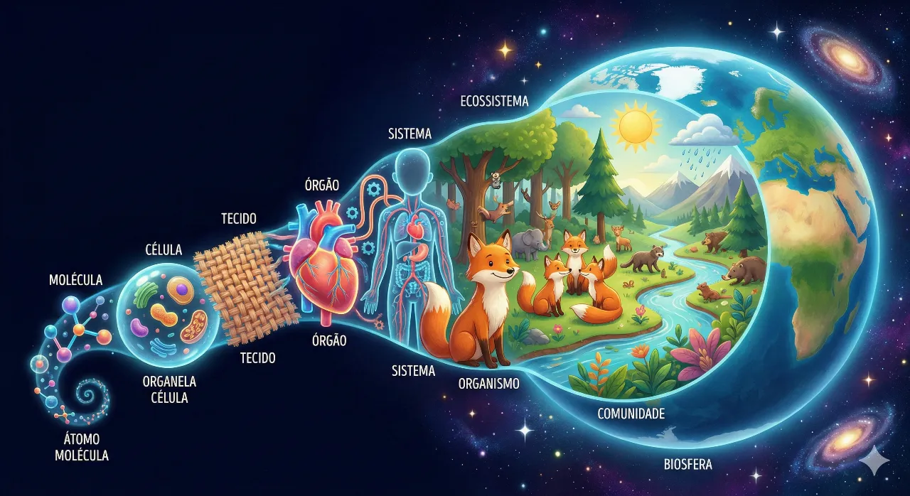 Uma ilustração didática e vibrante sobre um fundo estrelado que demonstra a hierarquia da vida, fluindo da esquerda para a direita. A imagem começa com partículas microscópicas brilhantes representando Átomos e Moléculas, que se unem para formar uma Célula e Organelas. Em seguida, mostra-se uma trama de Tecido, que compõe um Coração (Órgão) e uma silhueta humana com veias visíveis (Sistema). A escala cresce para mostrar uma raposa (Organismo), depois um grupo de raposas (População), seguido por uma floresta com diversos animais e plantas (Comunidade e Ecossistema), culminando no Planeta Terra inteiro brilhando no espaço (Biosfera).