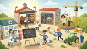 Uma cidade movimentada e alegre onde várias pessoas trabalham: médicos no hospital, professora na escola, policial na rua, mecânico na oficina, chef cozinhando, artista pintando, cantor no palco, engenheiro na obra, e fazendeiro e veterinário cuidando dos animais e da terra!