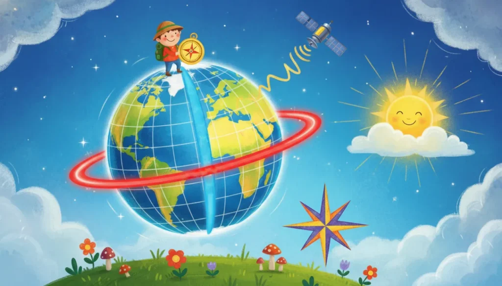 Uma ilustração educativa mostrando um globo terrestre gigante cercado por linhas brilhantes que formam uma grade, destacando a linha do Equador e o Meridiano de Greenwich. Um explorador no topo segura uma bússola, enquanto um satélite gira no céu (GPS) e o sol nasce ao lado, com uma rosa dos ventos desenhada no chão. Tudo sem usar letras!