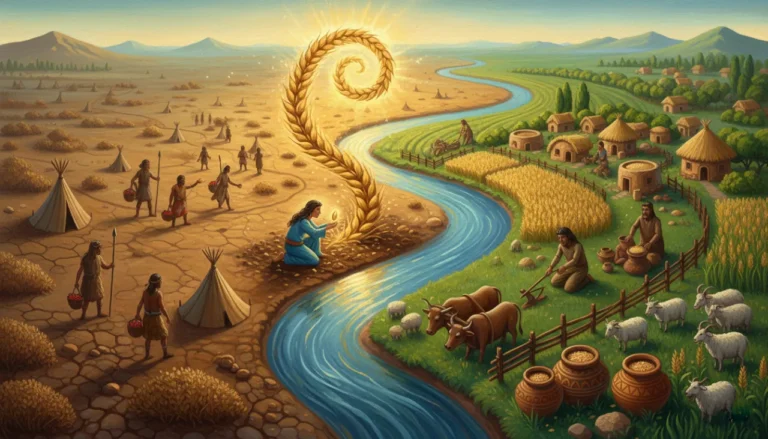 Uma ilustração panorâmica mostrando a história: à esquerda, pessoas nômades caminhando; no centro, o momento mágico de plantar uma semente perto do rio; à direita, uma aldeia fixa e próspera com plantações, animais e potes de cerâmica cheios de comida!