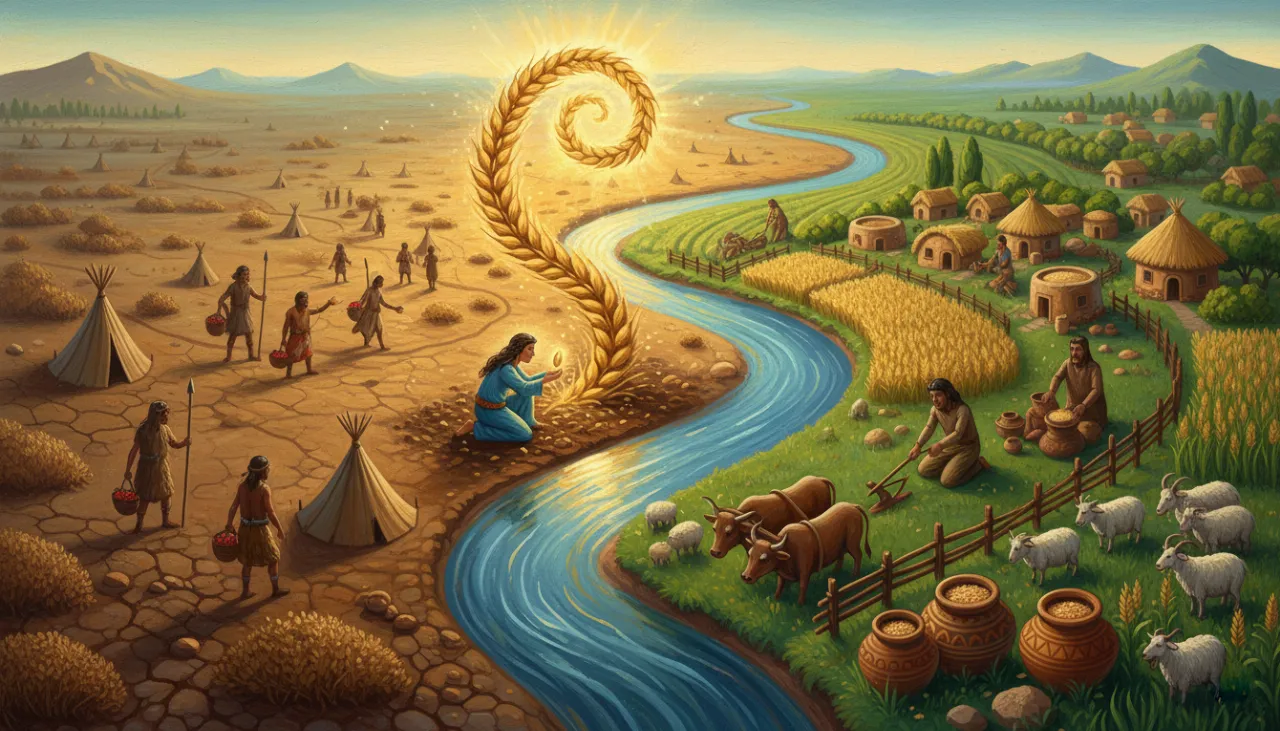 Uma ilustração panorâmica mostrando a história: à esquerda, pessoas nômades caminhando; no centro, o momento mágico de plantar uma semente perto do rio; à direita, uma aldeia fixa e próspera com plantações, animais e potes de cerâmica cheios de comida!