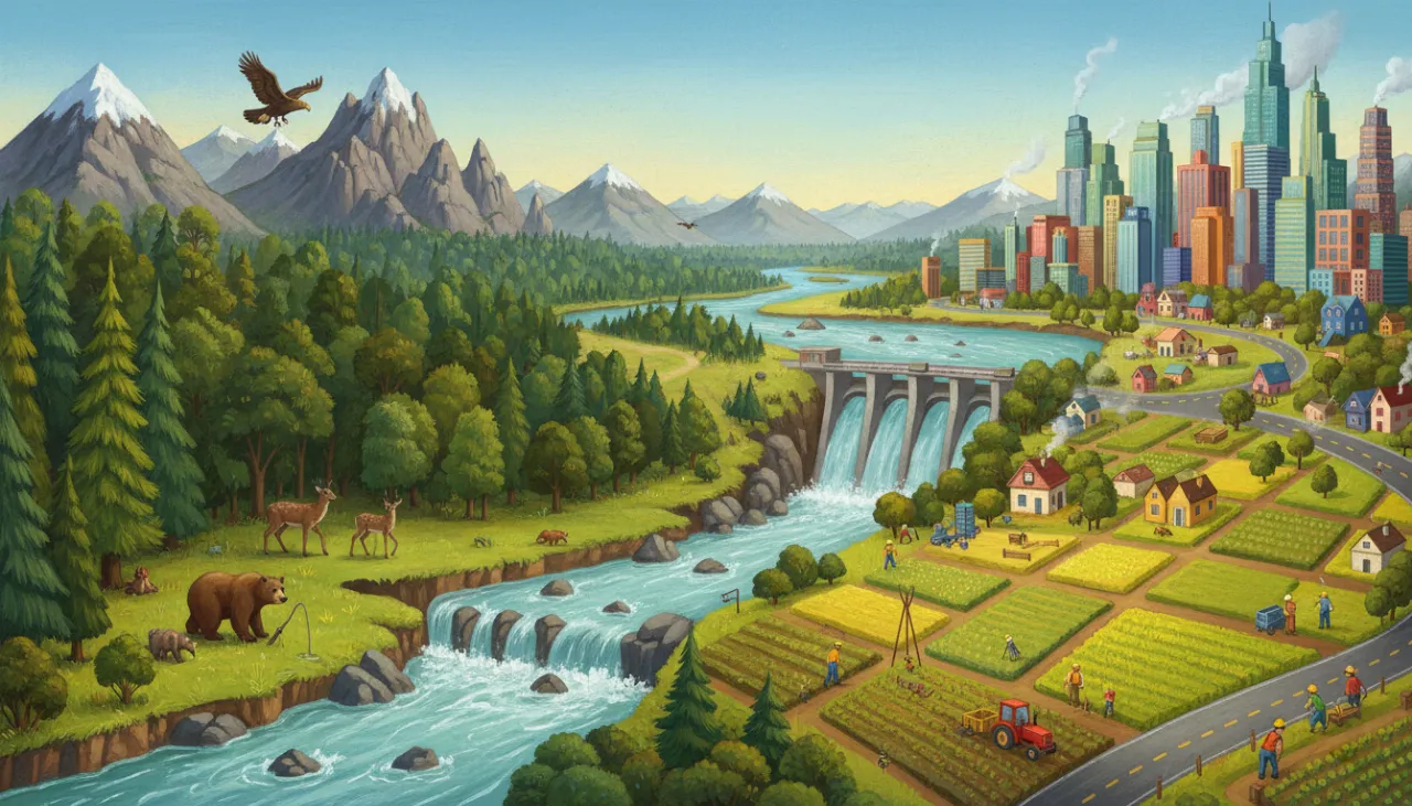 Uma ilustração panorâmica que compara dois tipos de paisagem. À esquerda, a paisagem natural com florestas, montanhas e animais selvagens. À direita, a paisagem humanizada, onde a natureza foi transformada em uma cidade com prédios, pontes sobre o rio, estradas e plantações organizadas!