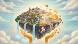 Uma ilha mágica protegida por mãos gigantes. De um lado, tesouros que tocamos: igrejas antigas e cachoeiras de verdade. Do outro, tesouros que vivemos: danças de capoeira e frevo feitos de luz e magia colorida!