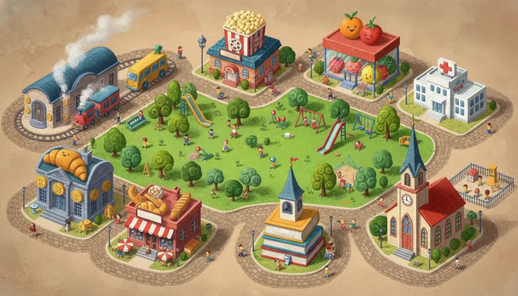 Um mapa ilustrado de uma cidade alegre onde os prédios mostram o que são: o cinema tem pipoca no teto, o hospital tem uma cruz vermelha, a escola parece uma pilha de livros, e o supermercado está cheio de frutas gigantes, tudo ao redor de um parque central!