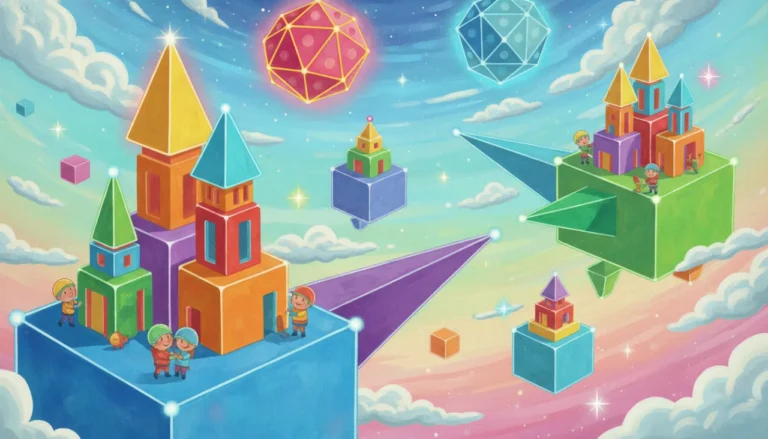 Uma ilustração mágica de uma cidade no céu feita apenas de formas geométricas estáveis. Prédios de cubos e prismas com telhados de pirâmide, e formas complexas flutuando como balões. Todas as formas têm linhas brilhantes nas bordas e luzes nas pontas, mostrando suas faces planas e cantos, sem nada redondo que possa rolar!