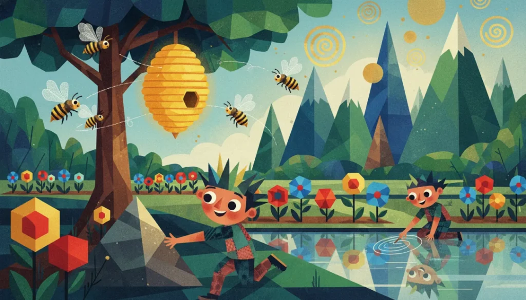 Um jardim mágico onde tudo tem forma de polígono! Uma colmeia gigante de hexágonos, flores de pentágonos, canteiros quadrados e montanhas triangulares, tudo com linhas retas!