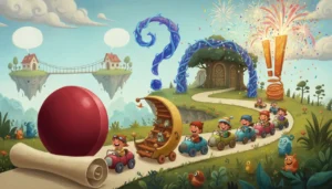 Um parque de diversões mágico onde os sinais de pontuação são atrações gigantes: uma bola vermelha de pare, uma curva de descanso de vírgula, um arco de dúvida e uma torre de exclamação cheia de energia!