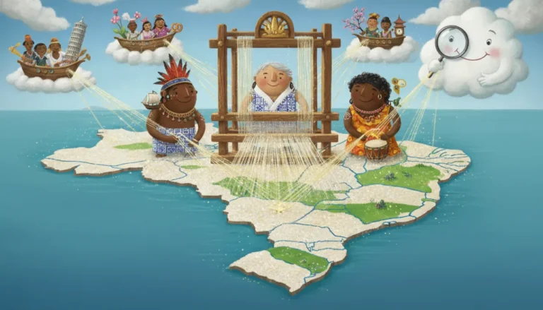 Uma ilustração mágica onde figuras ancestrais tecem fios brilhantes em um tear gigante. O tecido que surge é um mapa vivo do Brasil, mostrando a mistura de culturas e a divisão entre cidades cheias e o campo, tudo observado por um gigante curioso com uma lupa!