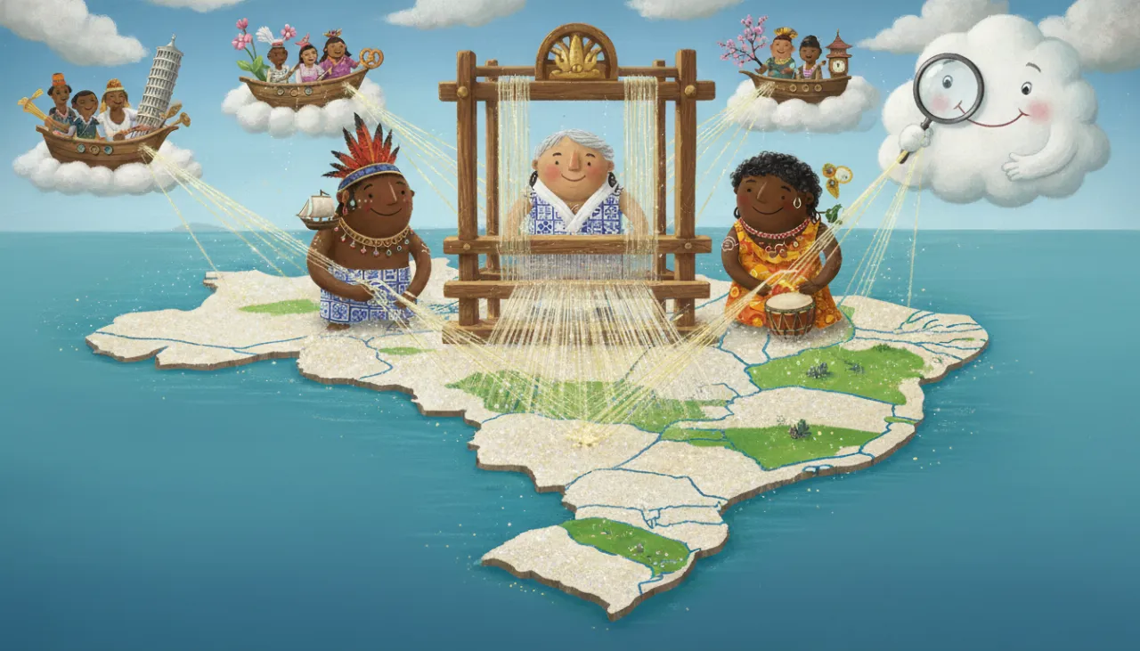 Uma ilustração mágica onde figuras ancestrais tecem fios brilhantes em um tear gigante. O tecido que surge é um mapa vivo do Brasil, mostrando a mistura de culturas e a divisão entre cidades cheias e o campo, tudo observado por um gigante curioso com uma lupa!