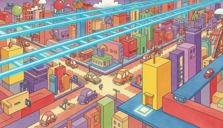 Uma cidade mágica e geométrica! No céu, trilhos de trem nunca se tocam (paralelas). No chão, ruas se cruzam (concorrentes) e um prédio forma um canto quadrado perfeito com a calçada (perpendiculares).