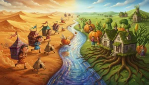 Uma paisagem mágica dividida em duas: de um lado, as casas têm pernas e viajam com as pessoas; do outro, as casas criaram raízes gigantes na terra fértil!