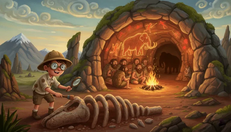 Uma ilustração mágica de uma caverna que funciona como um portal do tempo. Do lado de fora, um pequeno arqueólogo descobre um fóssil e ferramentas de pedra. Dentro da caverna brilhante, humanos antigos se reúnem em volta do fogo, cercados por pinturas rupestres que parecem se mexer nas paredes!