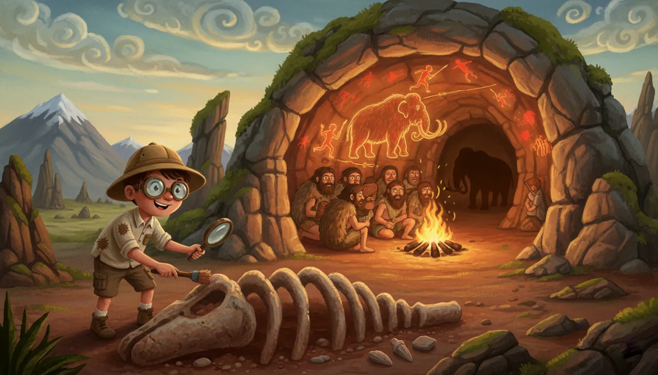 Uma ilustração mágica de uma caverna que funciona como um portal do tempo. Do lado de fora, um pequeno arqueólogo descobre um fóssil e ferramentas de pedra. Dentro da caverna brilhante, humanos antigos se reúnem em volta do fogo, cercados por pinturas rupestres que parecem se mexer nas paredes!
