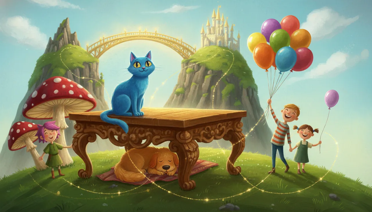Um parque mágico que ensina posições: um gato em cima de uma mesa gigante e um cachorro embaixo, um personagem entre dois cogumelos, e uma ponte ligando dois castelos, tudo conectado por fios mágicos dourados que mostram como as palavras se unem!