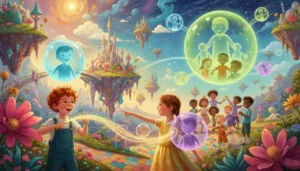 Um parque mágico onde as crianças usam cópias brilhantes e voadoras de si mesmas para conversar e apontar para os amigos, mostrando como os pronomes funcionam como atalhos divertidos!