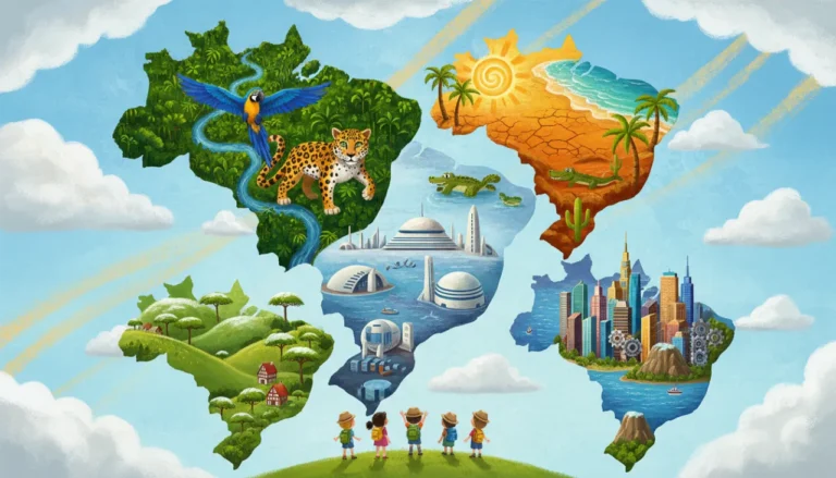 Uma ilustração mágica de um mapa gigante do Brasil feito de cinco peças de quebra-cabeça flutuantes. Cada peça mostra uma região diferente: floresta no Norte, praia e sertão no Nordeste, pantanal e arquitetura no Centro-Oeste, cidades grandes no Sudeste e montanhas frias no Sul, tudo sem usar palavras!