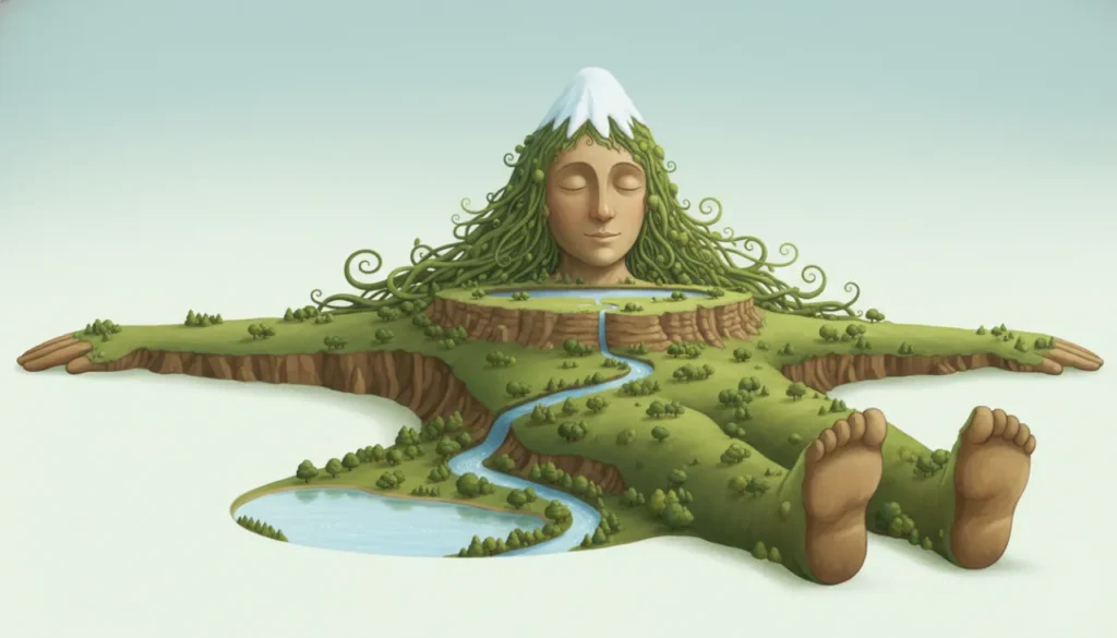 Uma paisagem mágica onde a Terra é um gigante gentil adormecido, e seu corpo forma as montanhas, planaltos, vales e rios!