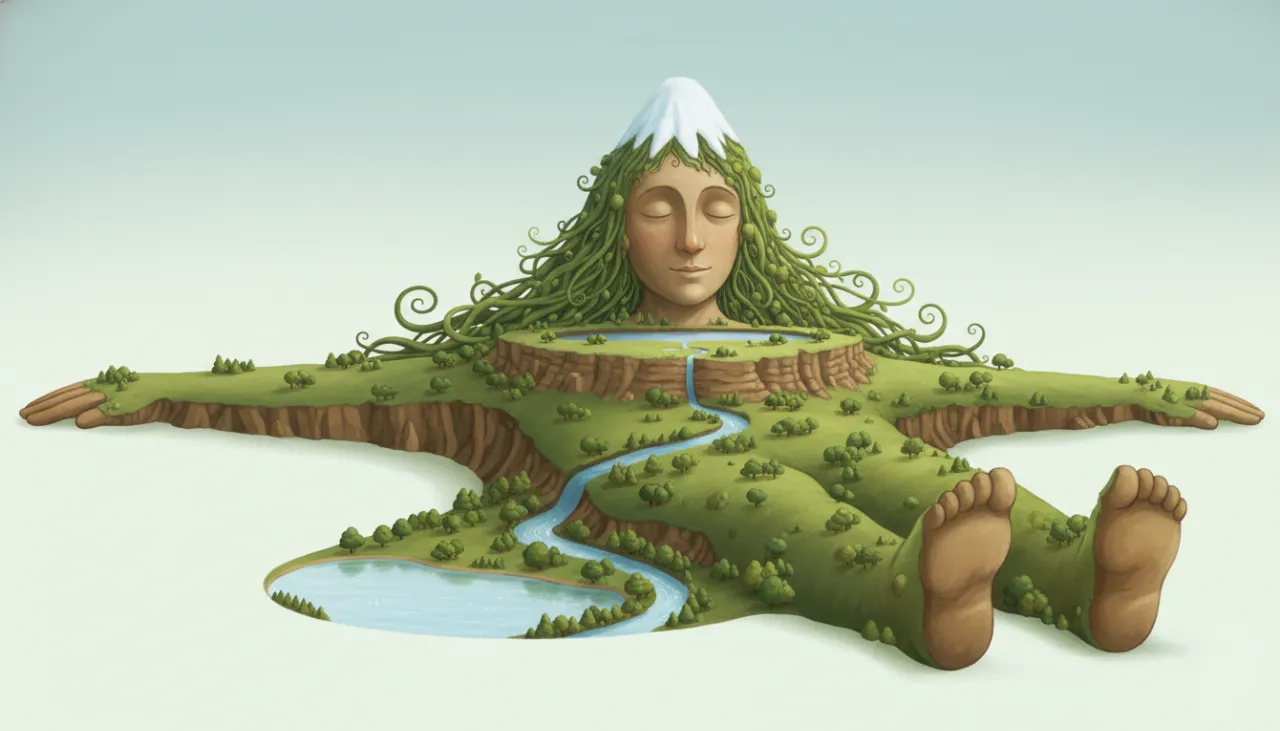 Uma paisagem mágica onde a Terra é um gigante gentil adormecido, e seu corpo forma as montanhas, planaltos, vales e rios!