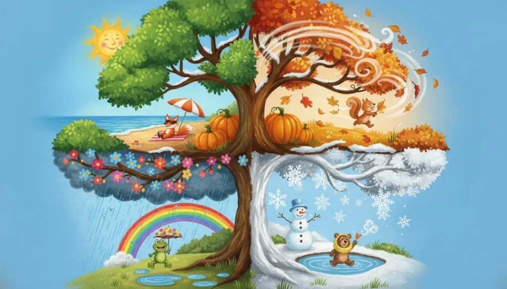Uma paisagem mágica centrada em uma árvore gigante que mostra as quatro estações ao mesmo tempo: um canto ensolarado de verão, um canto ventoso de outono, um canto com neve de inverno e um canto chuvoso de primavera com um arco-íris!