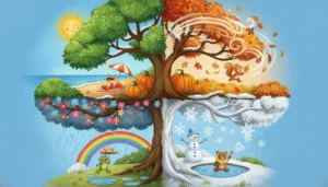 Uma paisagem mágica centrada em uma árvore gigante que mostra as quatro estações ao mesmo tempo: um canto ensolarado de verão, um canto ventoso de outono, um canto com neve de inverno e um canto chuvoso de primavera com um arco-íris!