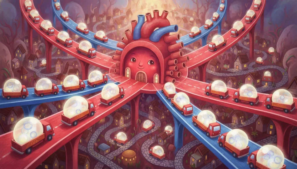Uma cidade mágica dentro do corpo onde o coração é uma grande estação central que bombeia carrinhos vermelhos carregados de energia por estradas gigantes, mantendo o trânsito da vida sempre em movimento!